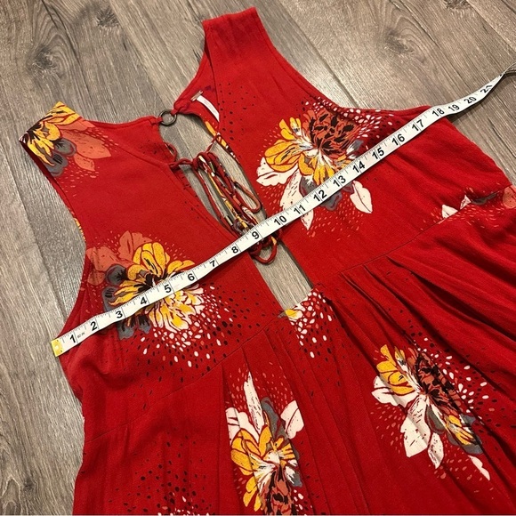 Free People Lovely Day Red Floral Tie Front Tunic Mini Dress S Boho Flowy Boxy - Picture 7 of 9